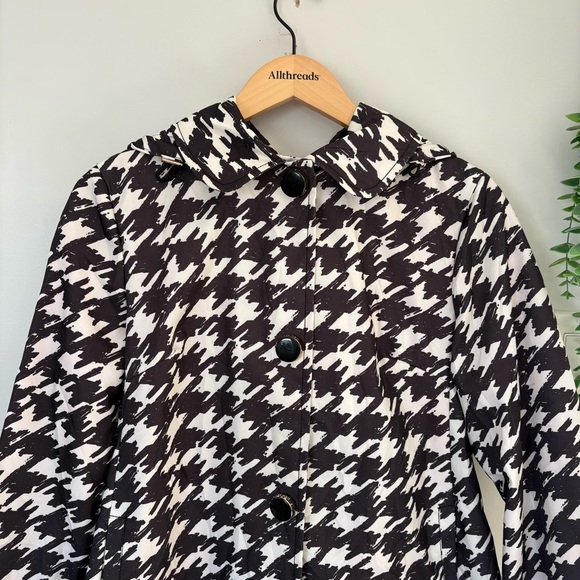 Kate Spade Houndstooth Raincoat Pink Lining Black White Trench Jacket Size Med - Picture 2 of 16